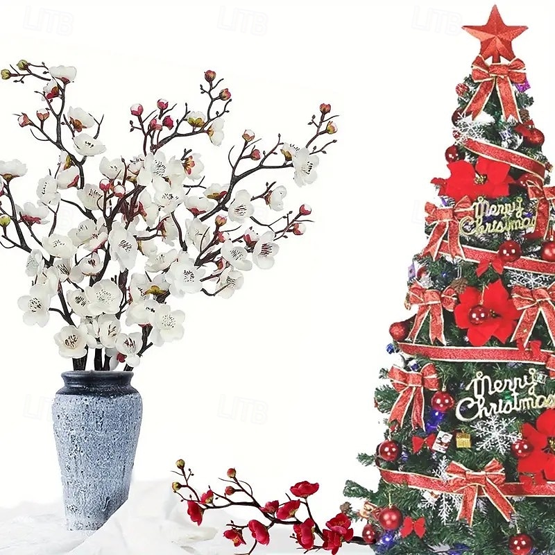 6pcs Christmas Artificial Plum Blossom Stems, Tall Fake Flower Branches for DIY Christmas New Year Decorations, Vase Centerpiece Display, Home Spring Winter Aesthetic Room Decor3