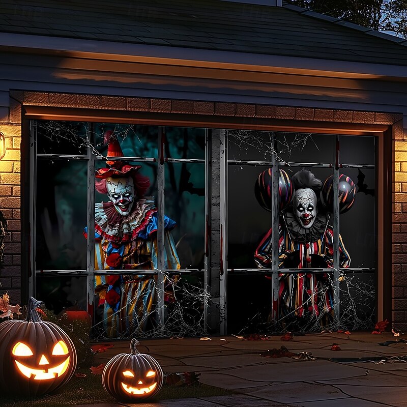 Halloween Garage Door Cover Large Hanging Backdrop Clown Zombie Containment Unit Dark Punk Gothic Style Party Outdoor Shooting Backgrounds Yard Haunted House Home Decor2