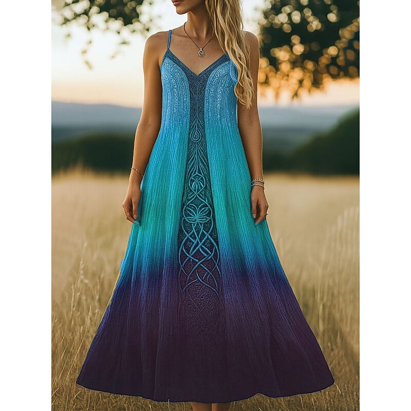 Women's Maxi Dress Sundress A Line Dress Slip Dress Vacation Casual Beach Regular Fit Ombre Graphic Ethnic Sleeveless V Neck Spaghetti Strap Blue Purple Orange Green Summer Spring Fall3
