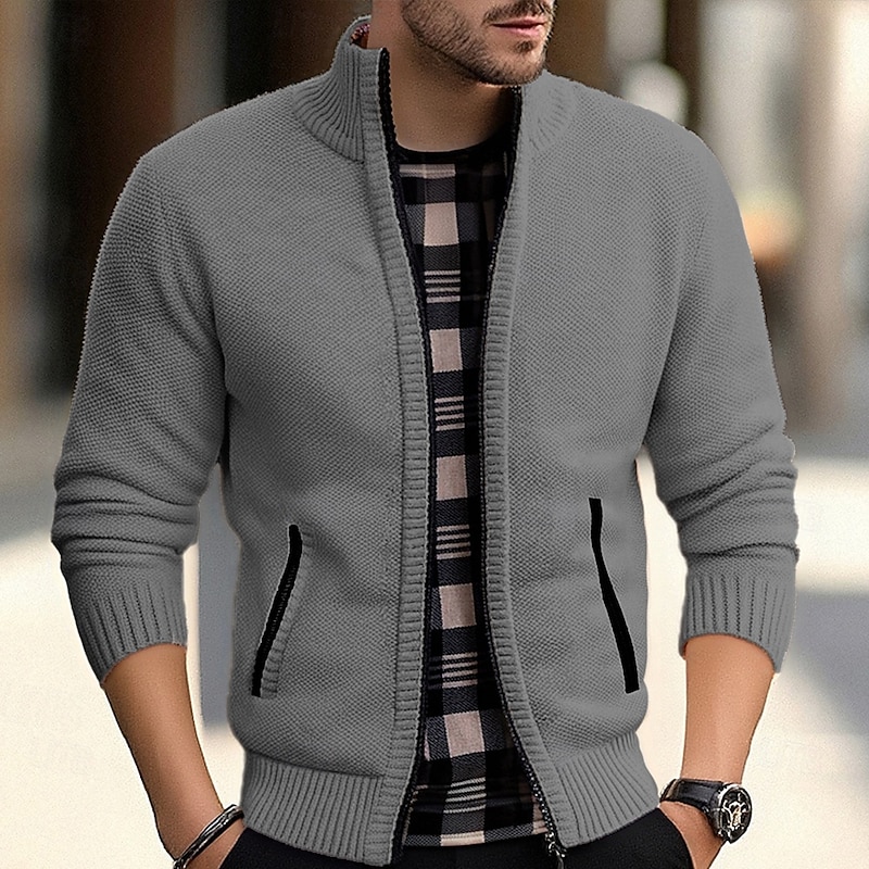 Men's Cardigan Sweater Cropped  Sweater Zip Sweater Knit Sweater Ribbed Knit Regular Tops Pocket Plain Stand Collar Fashion Classic Vacation Daily Wear Clothing Apparel Fall Winter Black Red M L XL2