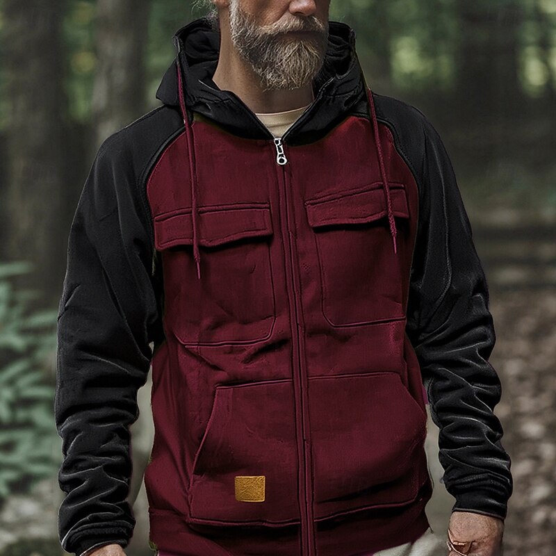 Men's Hoodie Full Zip Hoodie Black Pink Wine Army Green Royal Blue Hooded Color Block Patchwork Pocket Sports & Outdoor Daily Holiday Polyester Streetwear Basic Casual Spring Fall Clothing Apparel3