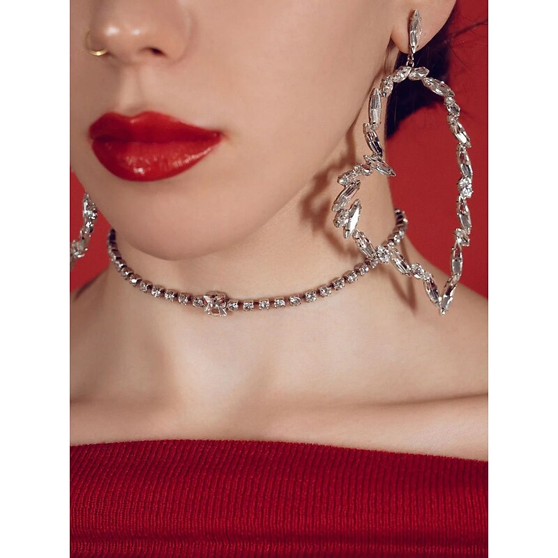 Women's Crystal Heart Earrings and Rhinestone Choker Set - Bold Statement Jewelry for Fashion Parties, Night Out, and Special Occasions
