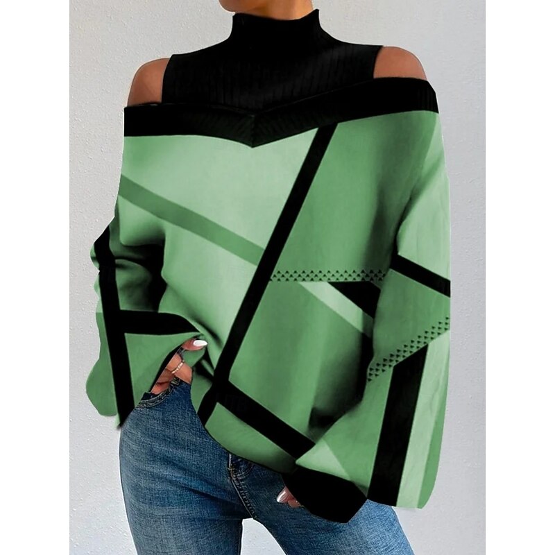 Women's Blouse Geometric Stylish Modern Casual Long Sleeve Turtleneck Regular Tops Daily Print Black Red Blue Green Khaki Summer Spring Fall4