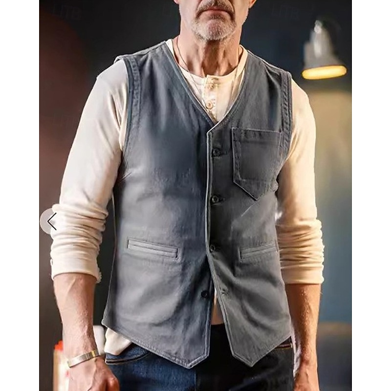 Men's Vest Gilet Outdoor Daily Fashion Casual Spring Fall Pocket Buttons Polyester Comfortable Plain Single Breasted One-button V Neck Regular Fit Navy Blue Gray Vest