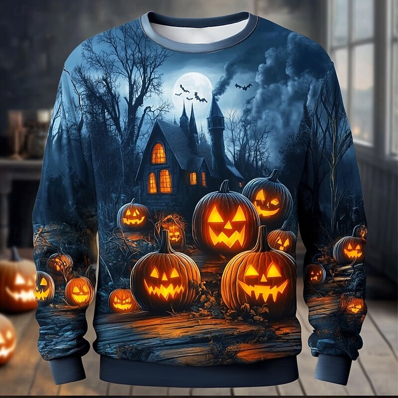Halloween Men's Pumpkin Sweatshirt Punk Party Long Sleeve Crew Neck Vacation Yellow Orange Crewneck 3D All Seasons Designer