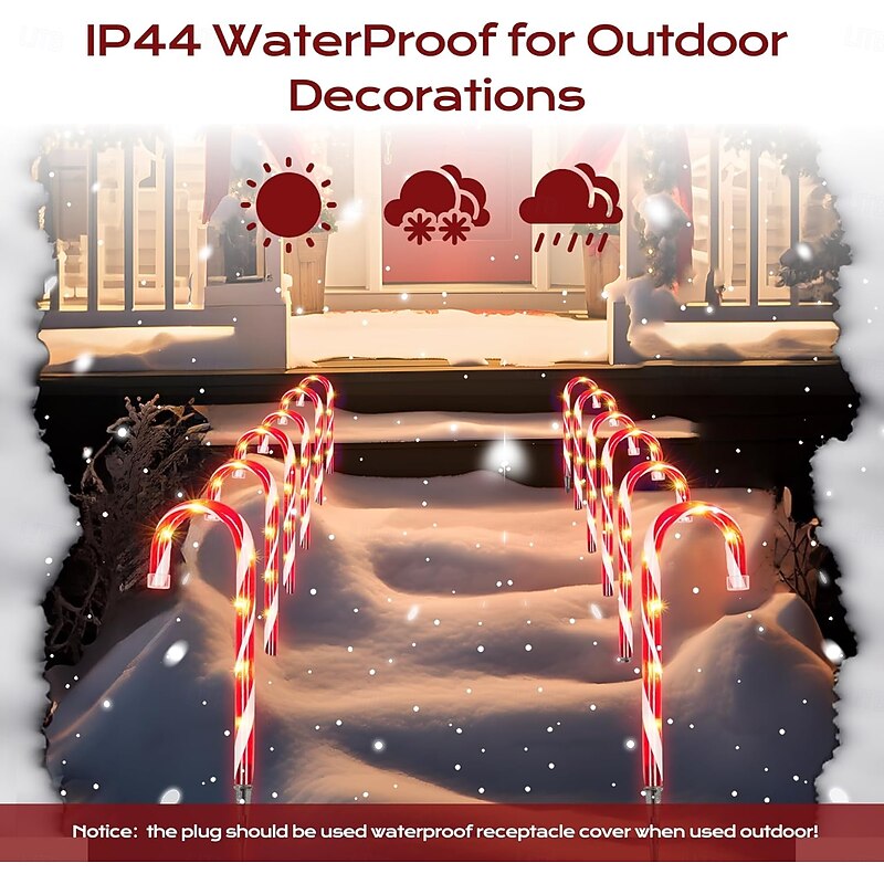 10 Pack LED Candy Cane Lights Christmas Pathway Marker Lights Outdoor Decorations Stake Light with 8 Lighting Modes Supper Bright for Walkway Patio Garden Yard Decor DC31V EU US UK Plug3