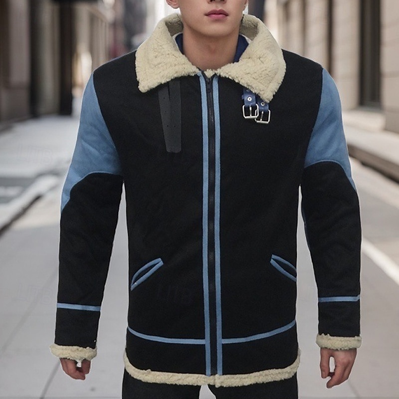 Men's Winter Jacket Sherpa Jacket Vacation Daily Thermal Warm Pocket Fleece Winter Color Block Fashion Streetwear Lapel Regular Yellow Red Blue Coffee Jacket