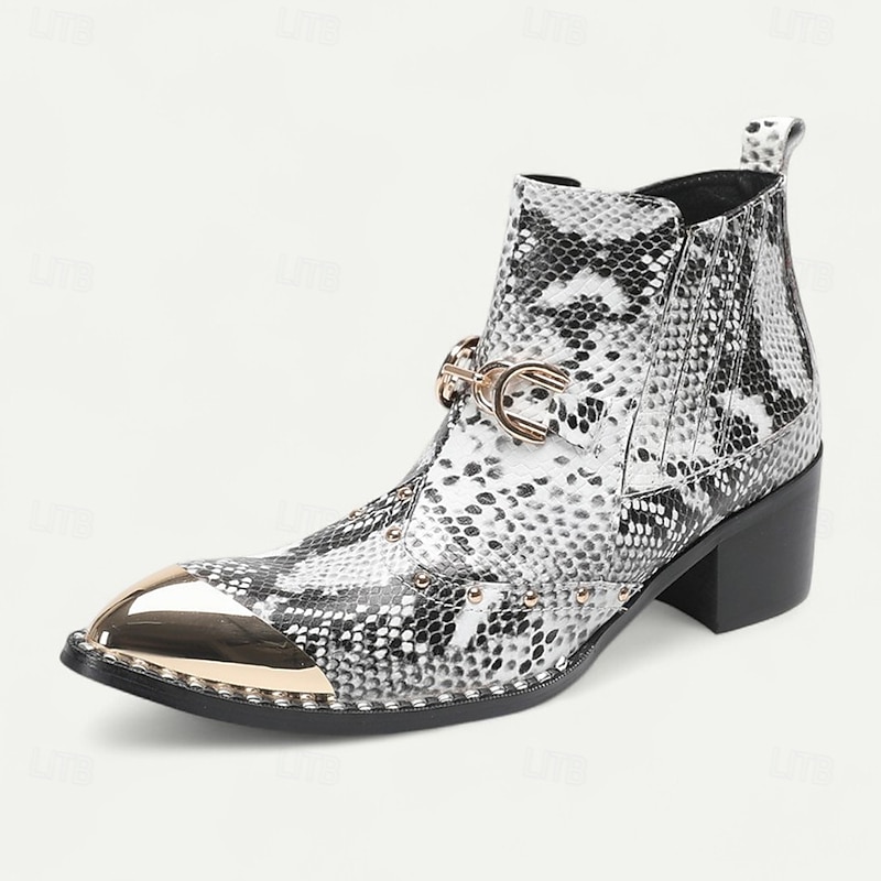Men's Snakeskin Pattern Pointed Toe Ankle Boots – Exotic Cowhide Western-Inspired Dress Boots for Stage Performances, Parties and Night Out4