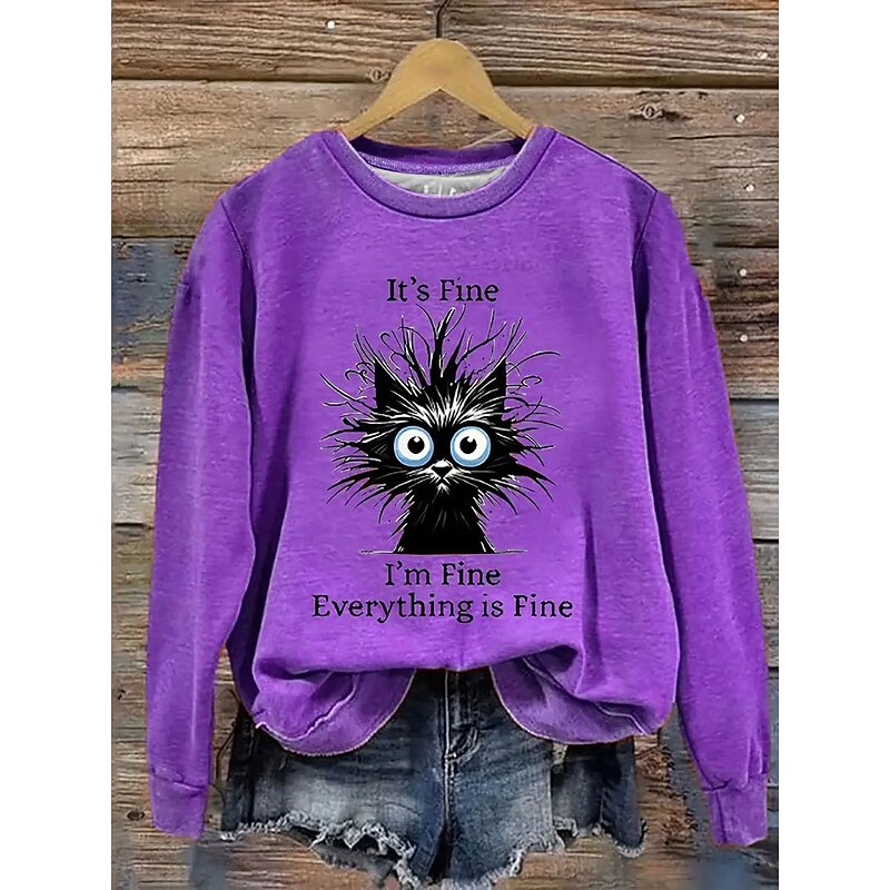 Women's Pullover Sweatshirt Graphic Cat Letter Fashion Casual Long Sleeve Crew Neck Regular Tops Street Dailywear Casual Print Blue Purple Orange Green Gray Fall Winter3