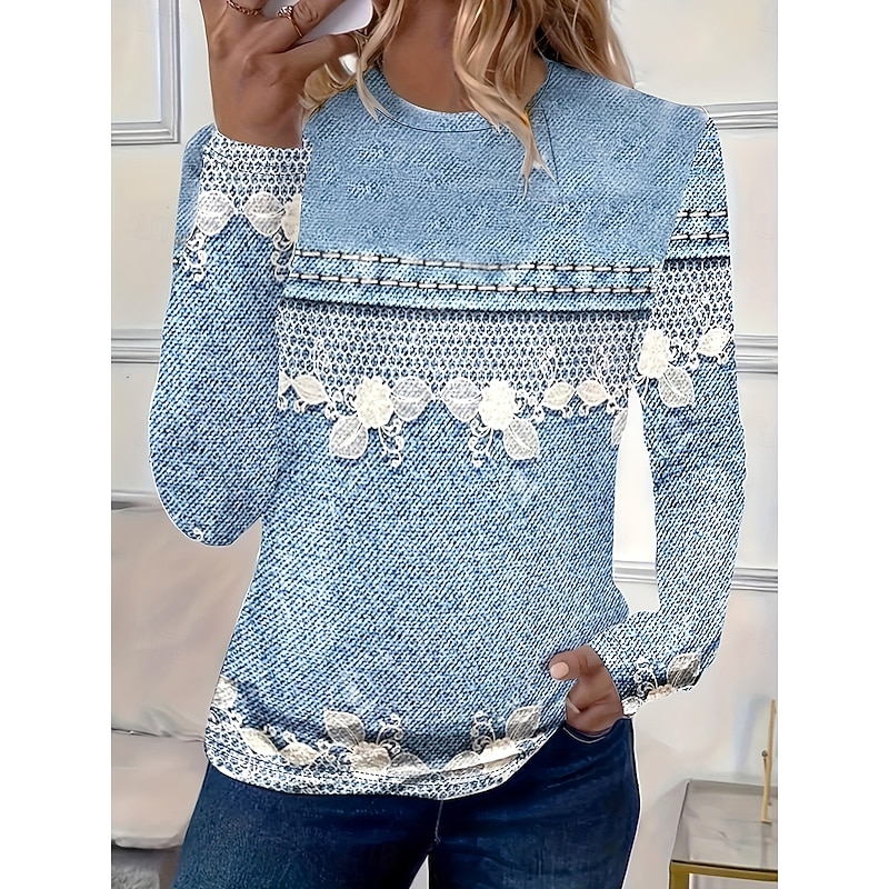 Women's T shirt Long Sleeve Floral Graphic 3D Vintage Stylish Casual Long Sleeve Crew Neck Round Neck Regular Tops Daily Print Light Blue Fall Winter Prefall