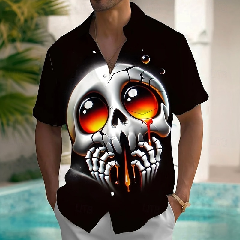 Halloween Men's Skeleton Halloween Costumes Shirt Button Up Shirt Short Sleeve Dark Gothic Style Holiday Summer Spring Turndown 3D Print Collared Shirts Front One Pocket Black