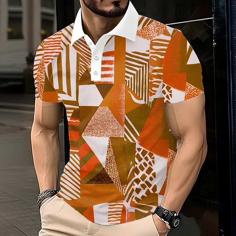 Men's Abstract Geometic Polo Short Sleeve Polo Shirts Lapel Business Casual Business Athleisure 3D Print Buttons Summer Blue Orange Green3