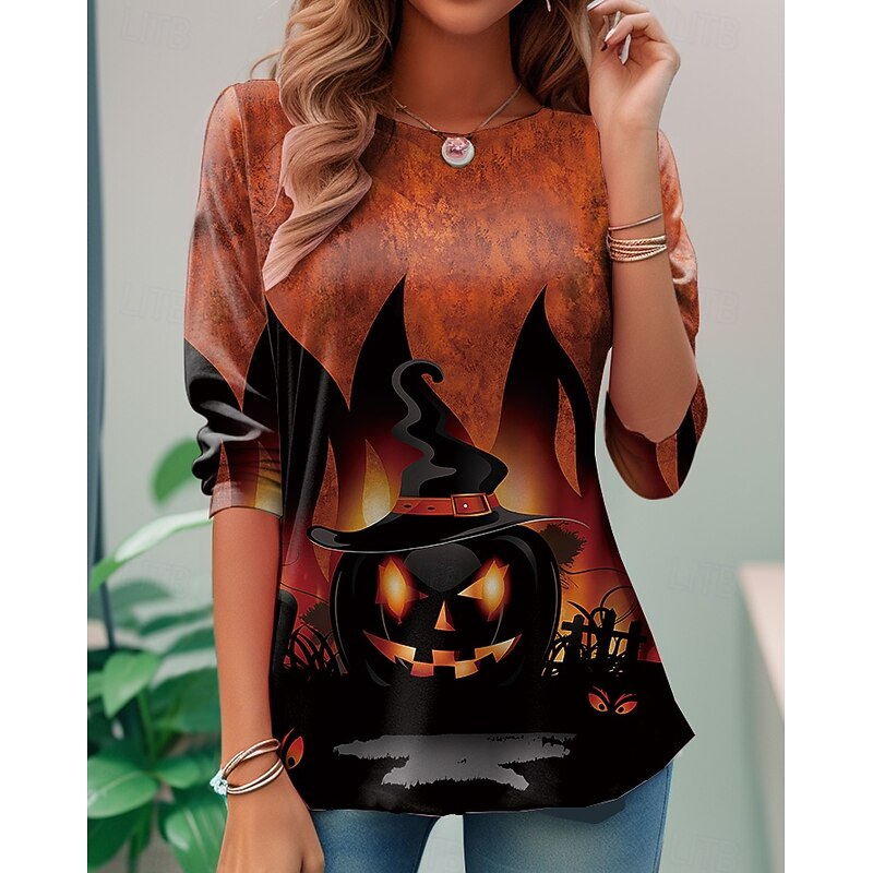 Halloween Women's T Shirt Skulls Graphic Pumpkin Vintage Stylish Classic Long Sleeve Crew Neck Regular Tops Daily Print Black Red Light Brown Orange Light Grey Fall Winter3