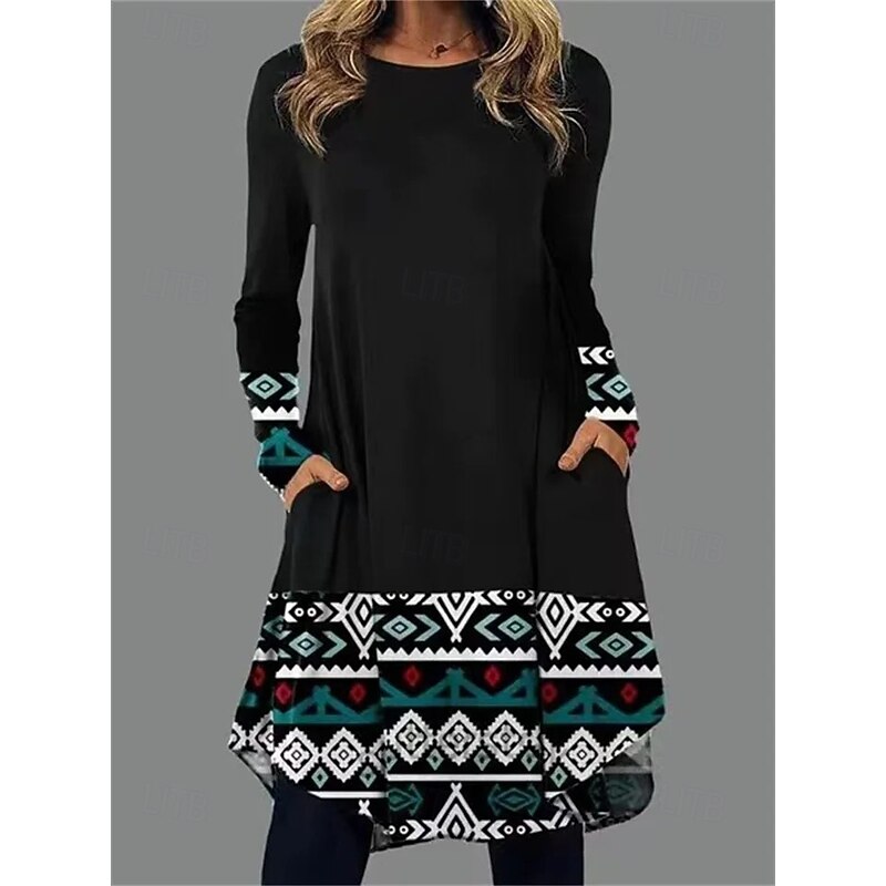 Women's Midi Dress Sheath Dress T Shirt Dress Tee Dress A Line Dress Athletic Dress Casual Boho Daily Loose Fit Graphic Geometric Houndstooth Long Sleeve Crew Neck Black Pink Blue Dark Grey4