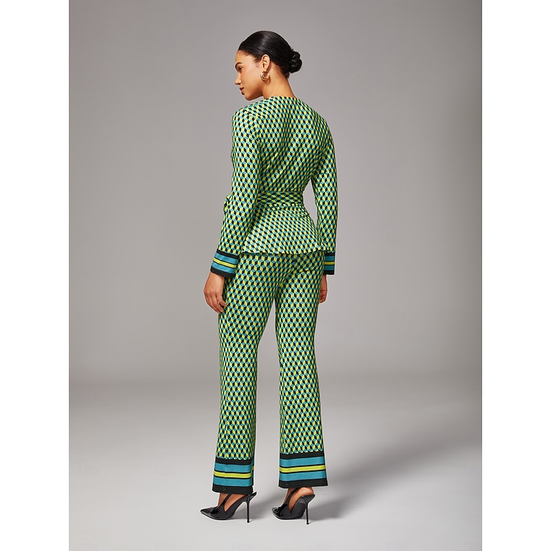 Green 3D Geometric Print High-Stretch Flared Pants3