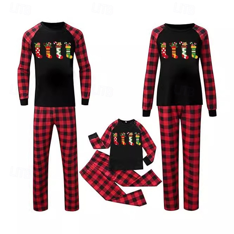 Family Pajamas Plaid Christmas Pattern Home Patchwork Black Long Sleeve Active Matching Outfits2