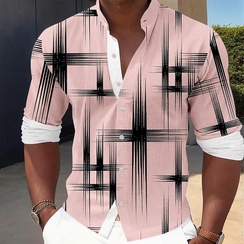 Men's Geometric Grid / Plaid Shirt Button Up Shirt Stand Collar Shirt Long Sleeve Casual Outdoor Vacation Daily Spring Fall Mandarin Collar Band Collar 3D Print Linen Like Shirt White Pink Blue Gray2