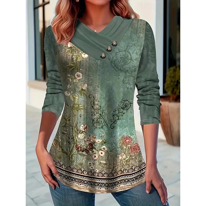 Women's T Shirt Graphic Striped Vintage Stylish Casual Long Sleeve V Neck Regular Tops Daily Weekend Buttons Print Light Green Blue Green Gray Fall Winter