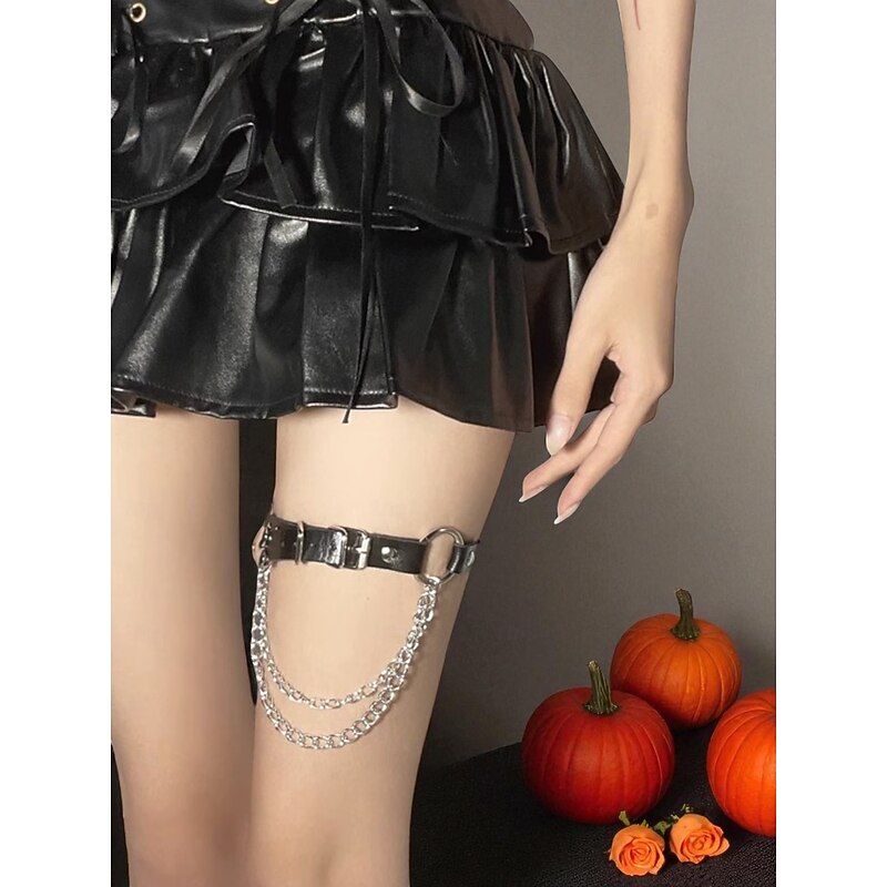 Women's Halloween Gothic Leg Chain - Black Faux Leather Thigh Harness with Silver Chains, Adjustable Punk Rock Accessory for Cosplay, Costume Parties and Spooky Festival Outfits3