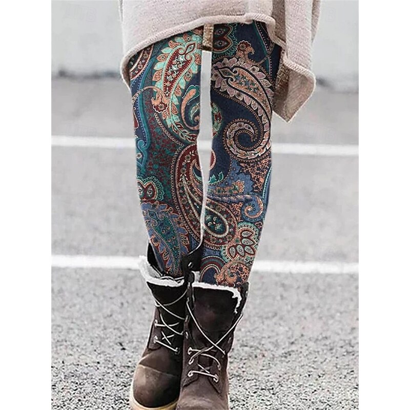 Women's Leggings Vacation Vintage Ethnic Style Ankle-Length High Waist Floral Graphic Paisley 3D Print Quick Dry Breathability Soft Stretchy Outdoor Home Causal Army Green Yellow Blue Purple Fall