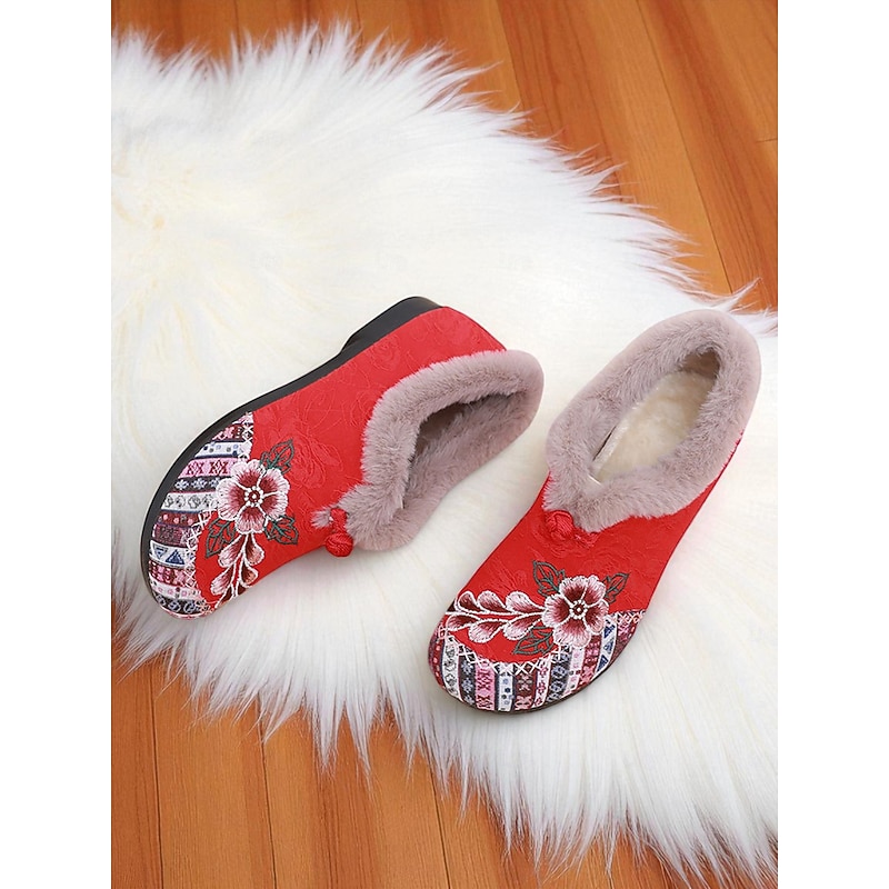 Women's Red Embroidered Fur-Lined Slip-on Shoes with Floral Pattern, Warm Winter Shoes for Christmas, Holiday Season and Casual Wear