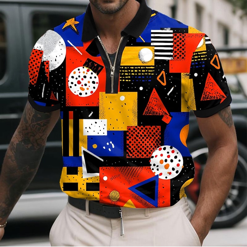 Men's Abstract Geometic Zip Polo Shirts Short Sleeve Polo Shirts Collared Shirts Casual Athleisure Daily Wear 3D Print Summer Yellow Red Blue2