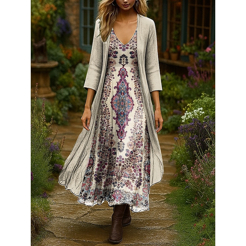 Women's Dress Set Maxi Dress A Line Dress Summer Dress Vacation Boho Ombre Floral Layered Print Maxi Dress 3/4 Length Sleeve V Neck Outdoor Daily Black Pink Orange Summer Spring Regular Fit