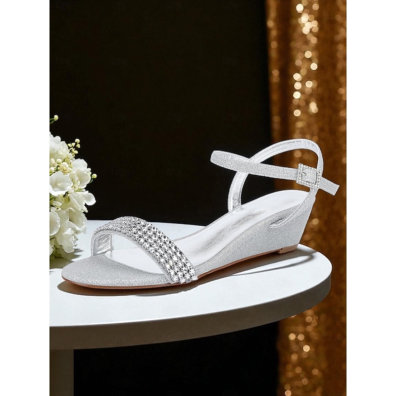 Women's Champagne Rhinestone Wedge Sandals - Open Toe Glitter Dress Shoes with Ankle Strap for Cocktail Parties and Elegant Evenings3