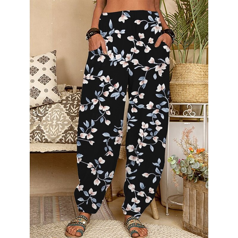 Women's Chinos Pants Trousers Active Fashion Long High Waist Floral Pocket Elastic Waist Printing Breathability Soft Micro-elastic Vacation Street Daily Wear Black Spring Fall Regular Fit