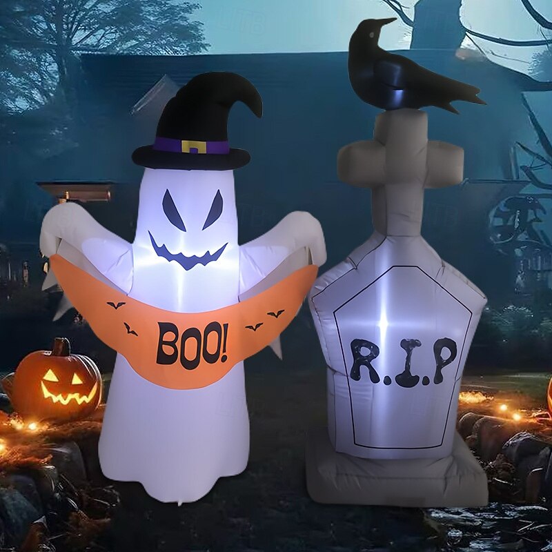 1 Pc1.5m/5FT Halloween wearing wizard hat ghost and tombstone crow LED with light inflatable air model indoor and outdoor horror courtyard luminous ornament US/EU/UK/AU Plug3