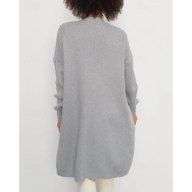 Women's Cardigan Casual Solid Color Ribbed V Neck Buttons Knitted Long Sleeve Long Tops Knit Daily Holiday Going out Black White Fall2