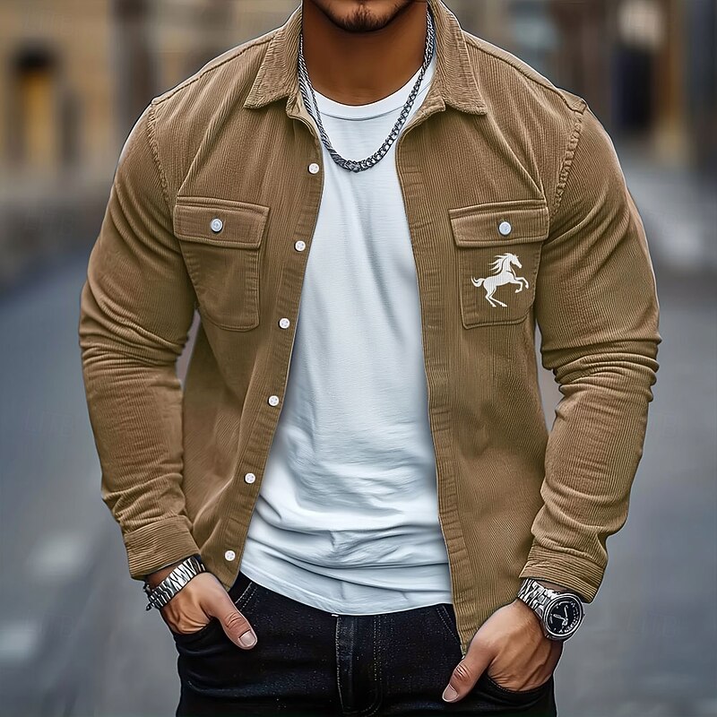 Men's Animal Horse Corduroy Shirt Shirt Jacket Overshirt Long Sleeve Casual Outdoor Dailywear Fall Winter Turndown Button-Down Warm Jacket with Flap Pockets Black Blue Green Khaki Gray3