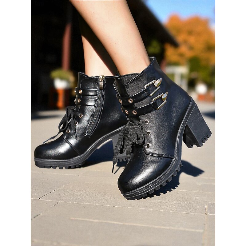 Women's Black Lace-Up Chunky Heel Ankle Boots – Faux Leather Combat Style with Side Zipper and Buckle Detail, Ideal for Autumn Outfits, Outdoor Activities, and Casual Streetwear