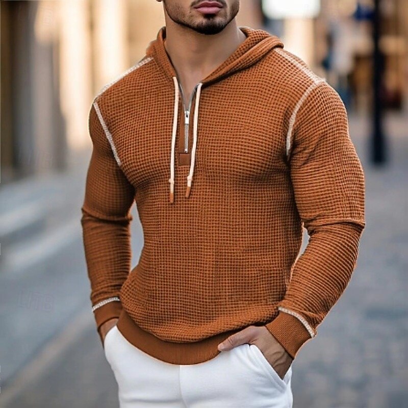 Men's Hoodie Waffle Hoodies Pullover Hoodie Sweatshirt Quarter Zip Hoodie Black Army Green Brown Gray Hooded Plain Patchwork Zipper Color Block Sports & Outdoor Casual Daily Streetwear Cool Sportswear2