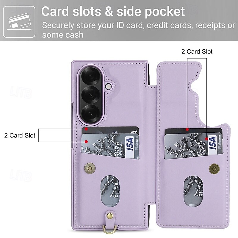 Phone Case For Samsung Galaxy Z Fold 7 Z Fold 6 Z Fold 5 Z Fold 4 Back Cover with Lanyard Kickstand Card Slot Flower Floral TPU PU Leather4