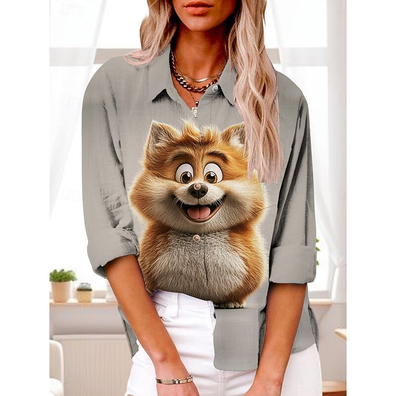 Women's Shirt Graphic Active Daily Stylish Long Sleeve Shirt Collar Regular Tops Daily Holiday Buttons Print Light Grey Gray Summer Spring Fall