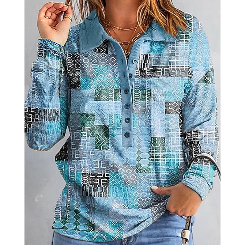 Women's Shirt Geometric Daily Stylish Basic Long Sleeve Shirt Collar Regular Tops Work Daily Holiday Buttons Print Pink Sky Blue Purple Green Khaki Spring Fall2