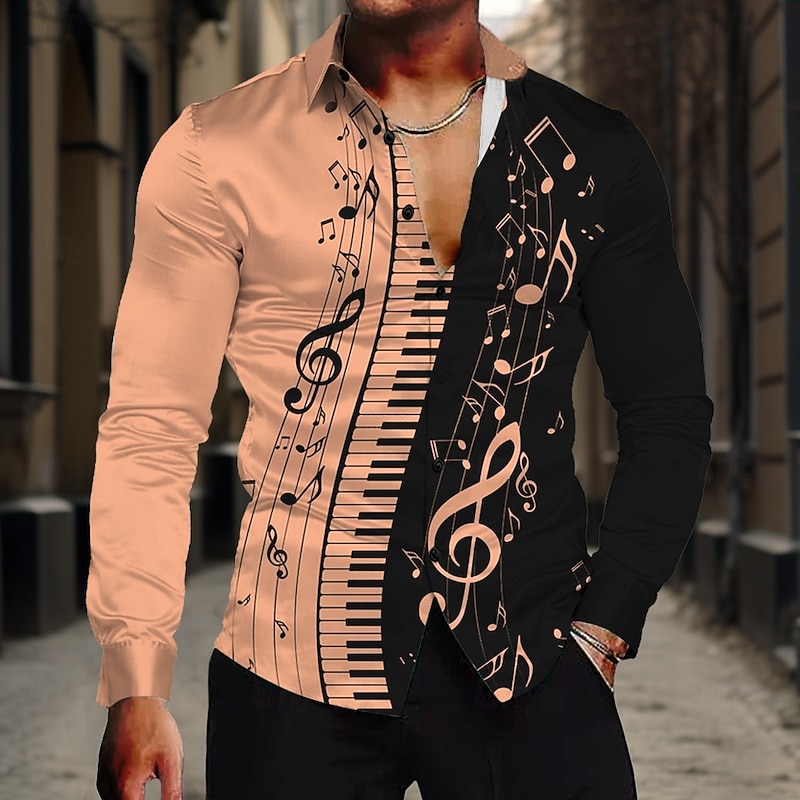 Men's Musical Notes Shirt Button Up Shirt Long Sleeve Casual Formal Summer Spring Fall Turndown Buttons Print White Blue Purple Apricot3