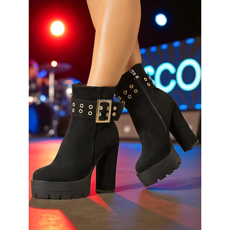 Women's Black Suede Platform Ankle Boots with Chunky Heel, Gold Buckle & Zipper Closure - Edgy Party & Concert Footwear for Fall and Winter Outfits