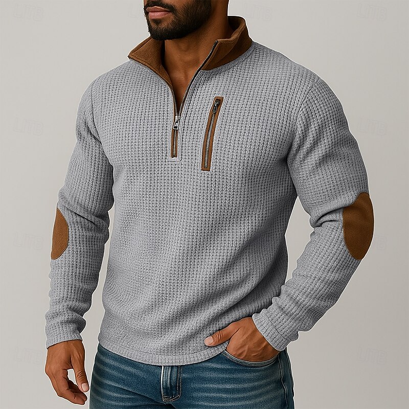 Men's T Shirt Waffle Knit Tee Tee Top Long Sleeve Shirt Long Sleeve Quarter Zip Fall Spring &  Fall Color Block Textured Vintage Fashion Casual Patchwork Zipper Quarter Zip Vacation Street Casual