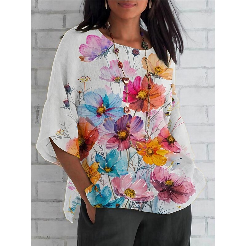 Women's Shirt Floral Daily Casual 3/4 Length Sleeve Crew Neck Regular Tops Daily Holiday Print White Summer Spring Fall