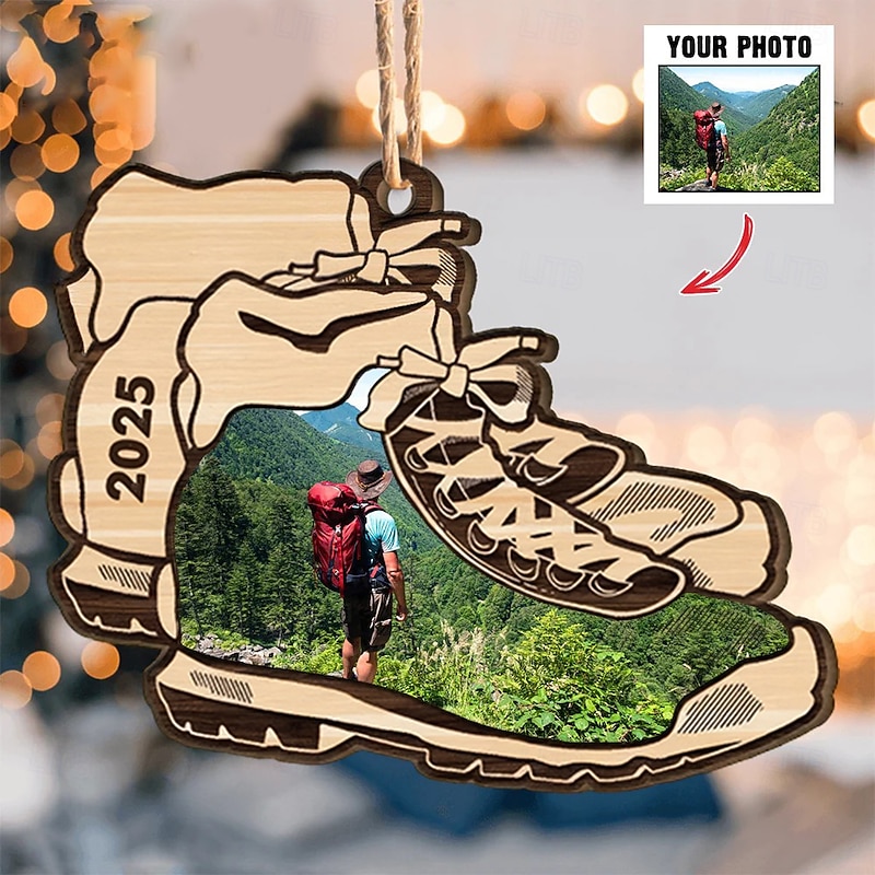 Personalized Photo Christmas Hiking Boots Ornament Wooden Custom Christmas Gift Idea For Camping Lover Xmas Tree Ornaments Decoration Hanging Pendant2