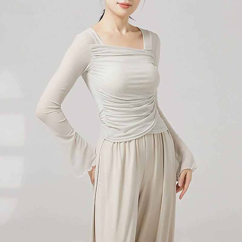 Activewear Top Pure Color Splicing Tulle Women's Performance Training Long Sleeve High Polyester4