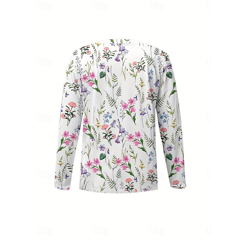 Easter Women's T Shirt Floral Graphic Plants Vintage Stylish Classic Long Sleeve V Neck Regular Tops Daily Print Pink Spring Fall Winter3