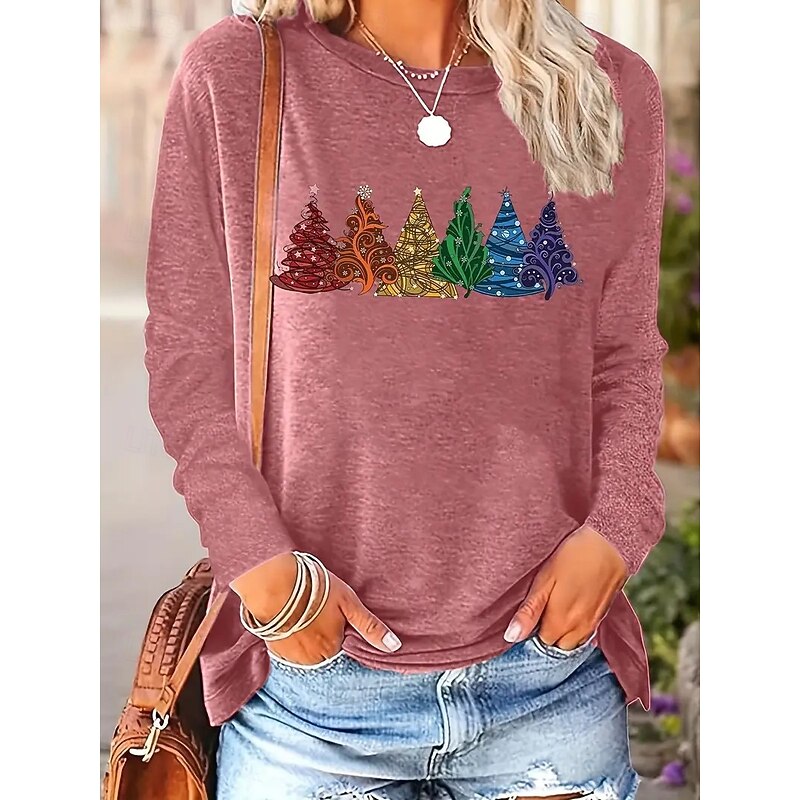 Christmas Women's T Shirt Graphic Geometric Striped Elegant Vintage Fashion Long Sleeve Crew Neck Round Neck Regular Tops Daily Going out Weekend Print Black Pink Light Brown Blue Spring Fall Winter