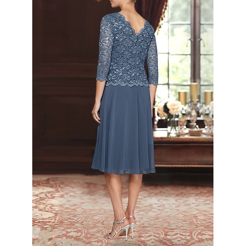 A-Line Mother of the Bride Dress Elegant Simple Minimalist Boat Neck Knee Length Chiffon Lace 3/4 Length Sleeve with Lace Sequin Embroidery3