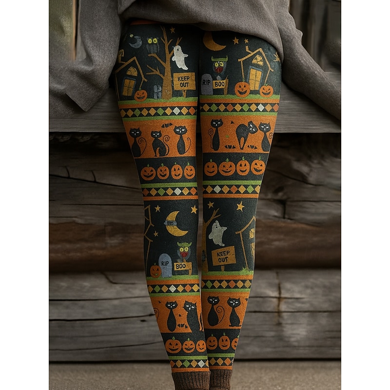 Women's Leggings Vacation Vintage Ethnic Style Full Length High WaistPantsHalloween Graphic Animal Cat 3D Print Quick Dry Breathability Soft Stretchy Outdoor Home Causal Black White Orange Khaki Fall2