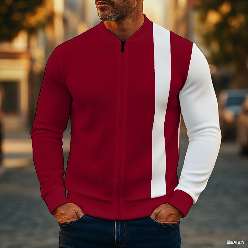 Men's Sweatshirt Full Zip Sweatshirt Black White Burgundy Navy Blue Khaki Standing Collar Color Block Plain Patchwork Sports & Outdoor Casual Daily Streetwear Cool Sportswear Spring &  Fall Clothing4