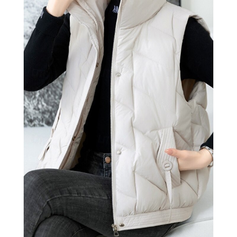 Women's Vest Warm Comfortable Zipper Pocket Casual Plain Outdoor Street Holiday Daily Wear Zipper Regular Stand Collar Regular Fit Sleeveless Outerwear Black Khaki Beige Winter2