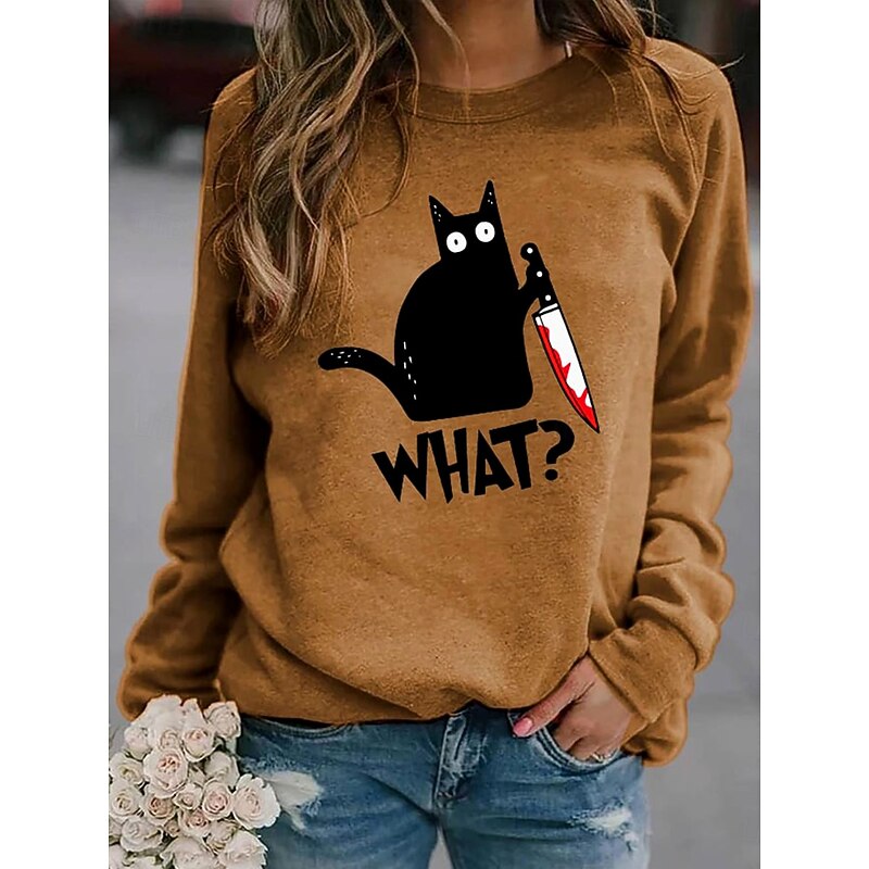 Halloween Women's Sweatshirts Black Cat Graphic Cat Letter Fashion Casual Long Sleeve Crew Neck Round Neck Regular Tops Street Dailywear Casual Print Blue Orange Brown Green Fall Winter4